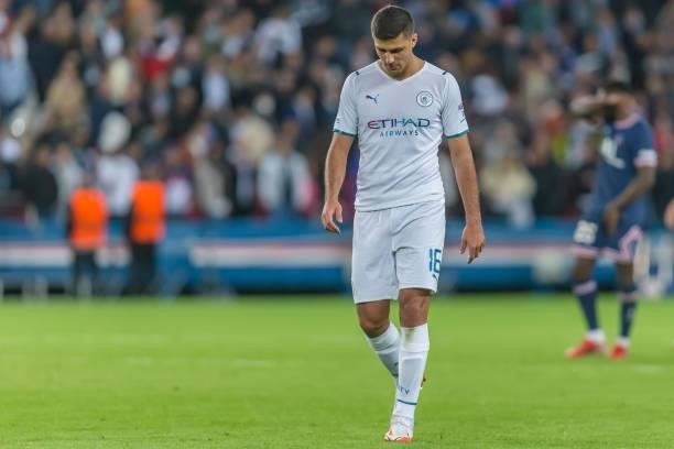 Rodri of Manchester City looks dejected during the UEFA Champions League match between Paris Saint Germain and Manchester City at Parc des Princes on...