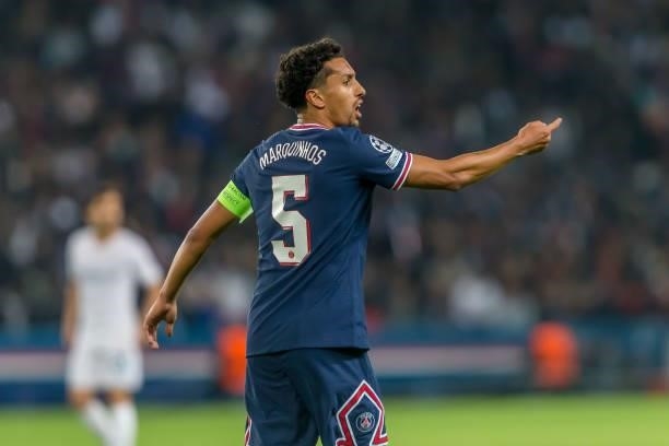 Marquinhos of Paris Saint-Germain gestures during the UEFA Champions League match between Paris Saint Germain and Manchester City at Parc des Princes...