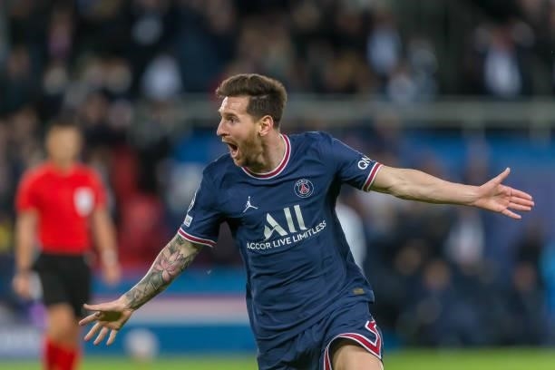 Lionel Messi of Paris Saint-Germain celebrates after scoring his team's second goal during the UEFA Champions League match between Paris Saint...