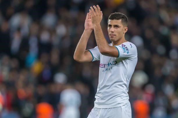 Rodri of Manchester City gestures during the UEFA Champions League match between Paris Saint Germain and Manchester City at Parc des Princes on...