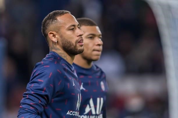 Neymar of Paris Saint-Germain and Kylian Mbappe of Paris Saint-Germain Looks on prior to the UEFA Champions League match between Paris Saint Germain...