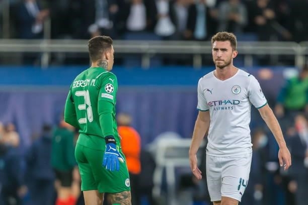 Goalkeeper Ederson of Manchester City and Aymeric Laporte of Manchester City looks dejected during the UEFA Champions League match between Paris...