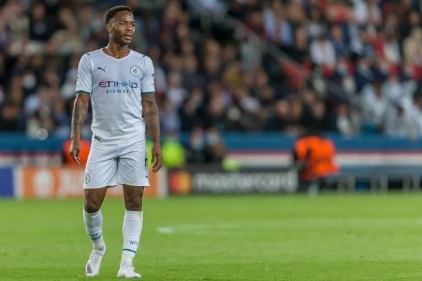 Raheem Sterling of Manchester City Looks on during the UEFA Champions League match between Paris Saint Germain and Manchester City at Parc des...