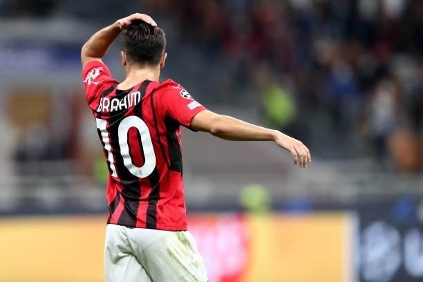 Brahim Diaz of AC Milan gestures during the UEFA Champions League Group B match between AC Milan and Atletico Madrid at Giuseppe Meazza Stadium on...