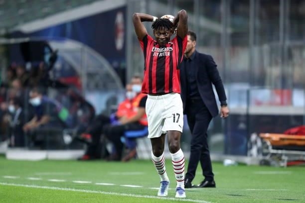 Rafael Leao of AC Milan throw-in during the UEFA Champions League Group B match between AC Milan and Atletico Madrid at Giuseppe Meazza Stadium on...