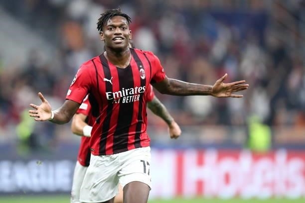 Rafael Leao of AC Milan celebrates after scoring his team's first goal during the UEFA Champions League Group B match between AC Milan and Atletico...