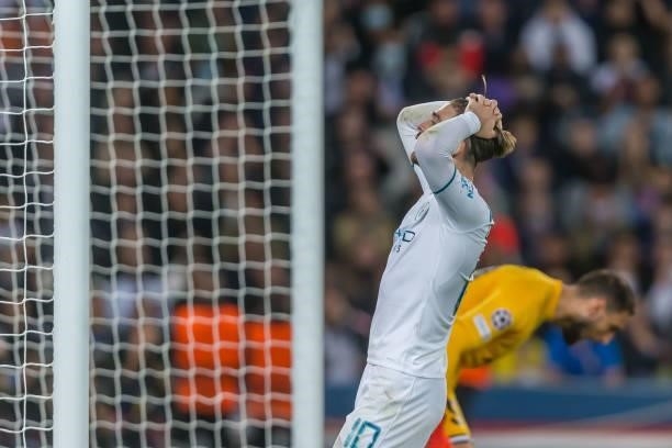 Jack Grealish of Manchester City looks dejected during the UEFA Champions League match between Paris Saint Germain and Manchester City at Parc des...