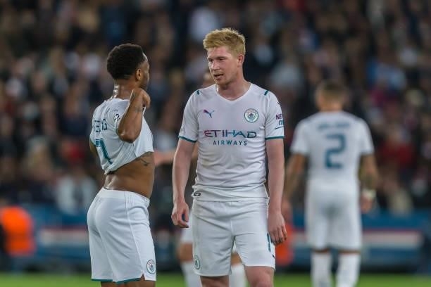 Raheem Sterling of Manchester City and Kevin De Bruyne of Manchester City battle for the ball during the UEFA Champions League match between Paris...