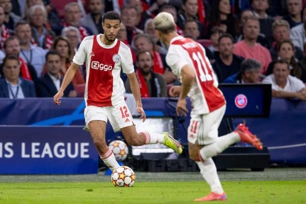 Noussair Mazraoui of AFC Ajax Controls the ball during the UEFA Champions League group C match between AFC Ajax and Besiktas at Johan Cruijff Arena...