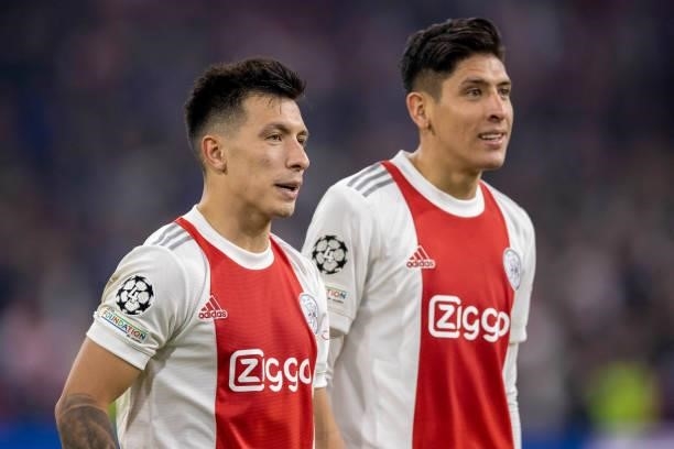 Lisandro Martinez of AFC Ajax and Edson Alvarez of AFC Ajax looks on during the UEFA Champions League group C match between AFC Ajax and Besiktas at...