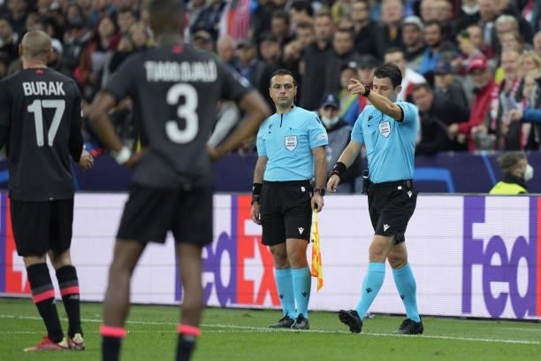 Referee Halil Umut Meler of Turkey decides for penalty during the UEFA Champions League group G match between FC Red Bull Salzburg and Lille OSC at...