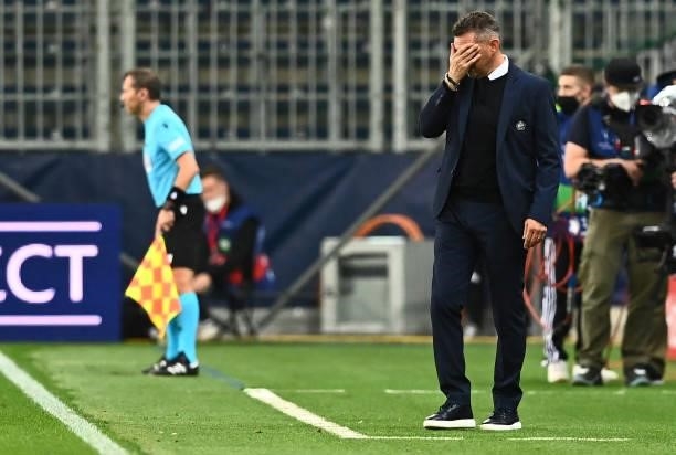 Lille's French head coach Jocelyn Gourvennec reacts from the sidelines during the UEFA Champions League Group G football match between RB Salzburg...