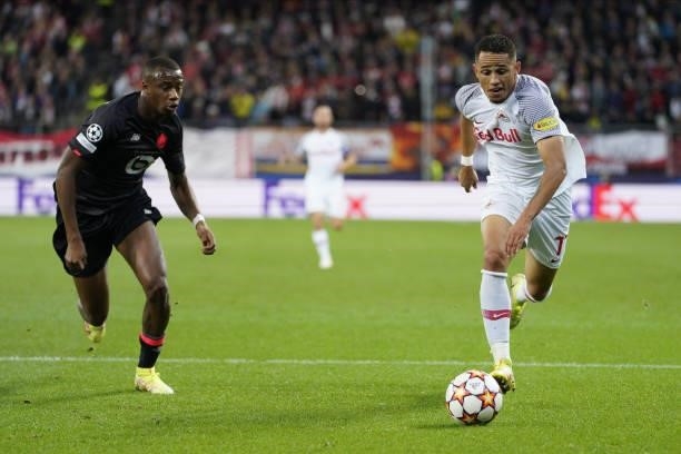 Tiago Djalo of Lille and Noah Okafor of Salzburg during the UEFA Champions League group G match between FC Red Bull Salzburg and Lille OSC at Red...