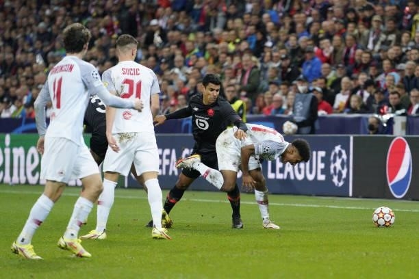Benjamin Andre of Lille and Karim Adeyemi of Salzburg during the UEFA Champions League group G match between FC Red Bull Salzburg and Lille OSC at...
