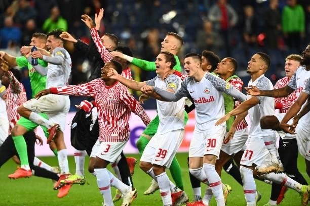 Players of Salzburg celebrate victory after the UEFA Champions League Group G football match between RB Salzburg and Lille LOSC in Salzburg, Austria...