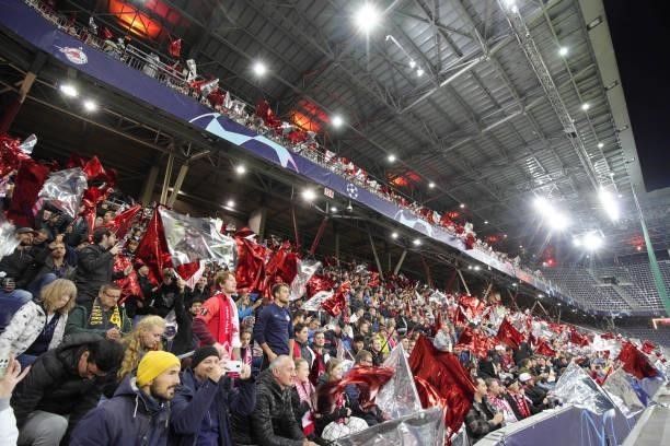 Fans of Salzburg during the UEFA Champions League group G match between FC Red Bull Salzburg and Lille OSC at Red Bull Arena on September 29, 2021 in...