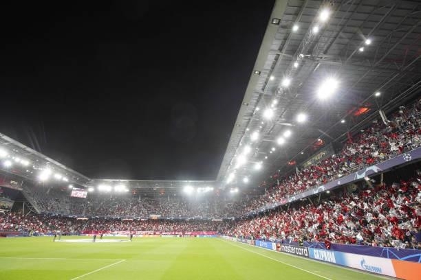 Fans of Salzburg during the UEFA Champions League group G match between FC Red Bull Salzburg and Lille OSC at Red Bull Arena on September 29, 2021 in...