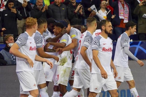 Salzburg players celebrate after scoring a goal during the UEFA Champions League group G match between FC Red Bull Salzburg and Lille OSC at Red Bull...