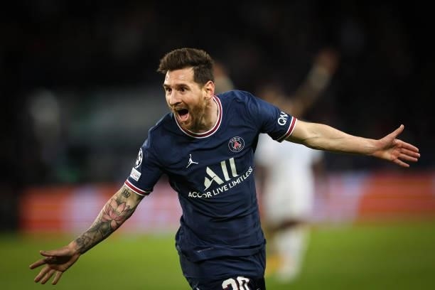 Lionel Messi of Paris Saint-Germain celebrates scoring his goal during the UEFA Champions League group A match between Paris Saint-Germain and...