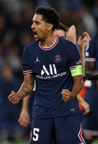 Marquinhos of Paris Saint-Germain celebrates the win during the UEFA Champions League group A match between Paris Saint-Germain and Manchester City...