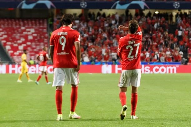 Darwin Nunez of SL Benfica and Rafa Silva of SL Benfica celebrates after scoring his team's second goal with teammates during the UEFA Champions...