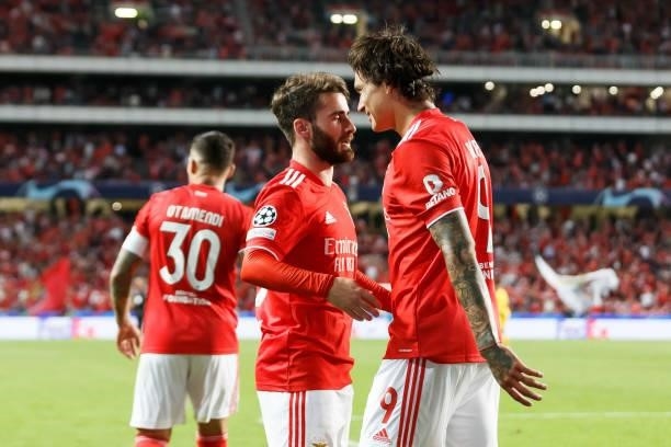 Rafa Silva of SL Benfica and Darwin Nunez of SL Benfica celebrates after scoring his team's second goal with teammates during the UEFA Champions...