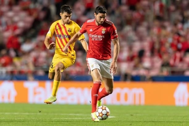 Pedri of FC Barcelona and Roman Yaremchuk of SL Benfica battle for the ball during the UEFA Champions League group E match between SL Benfica and FC...