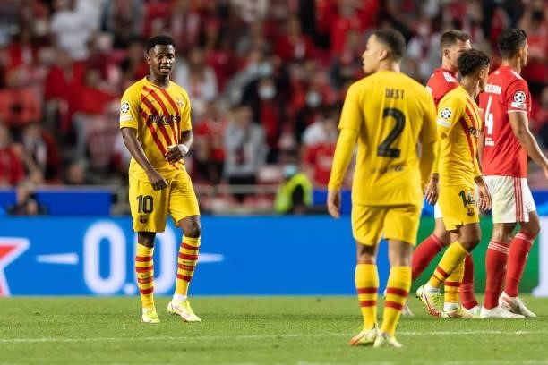Ansu Fati of FC Barcelona and Sergino Dest of FC Barcelona looks dejected after the UEFA Champions League group E match between SL Benfica and FC...