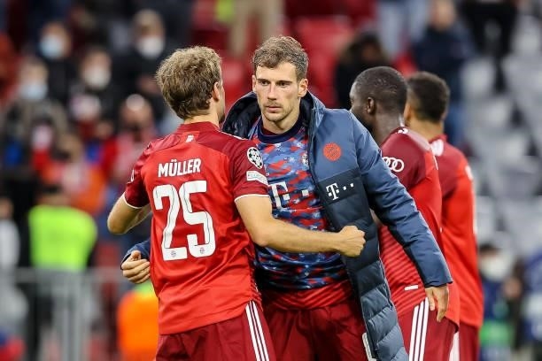 Thomas Mueller of Bayern Muenchen and Leon Goretzka of Bayern Muenchen look on after the UEFA Champions League group E match between FC Bayern...