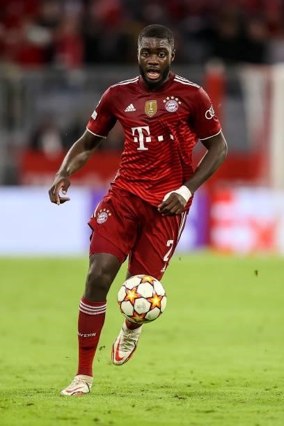 Dayot Upamecano of Bayern Muenchen controls the ball during the UEFA Champions League group E match between FC Bayern Muenchen and Dinamo Kiev at...