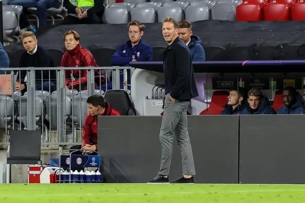 Head coach Julian Nagelsmann of Bayern Muenchen gestures during the UEFA Champions League group E match between FC Bayern Muenchen and Dinamo Kiev at...