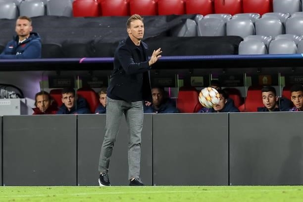 Head coach Julian Nagelsmann of Bayern Muenchen looks on during the UEFA Champions League group E match between FC Bayern Muenchen and Dinamo Kiev at...