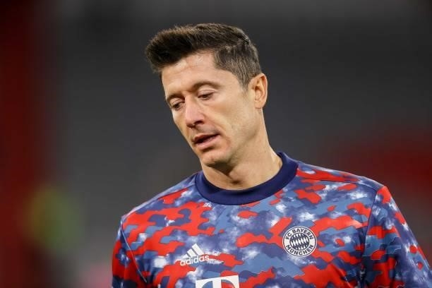 Robert Lewandowski of Bayern Muenchen looks on prior to the UEFA Champions League group E match between FC Bayern Muenchen and Dinamo Kiev at Allianz...