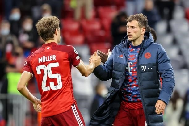 Thomas Mueller of Bayern Muenchen and Leon Goretzka of Bayern Muenchen look on after the UEFA Champions League group E match between FC Bayern...