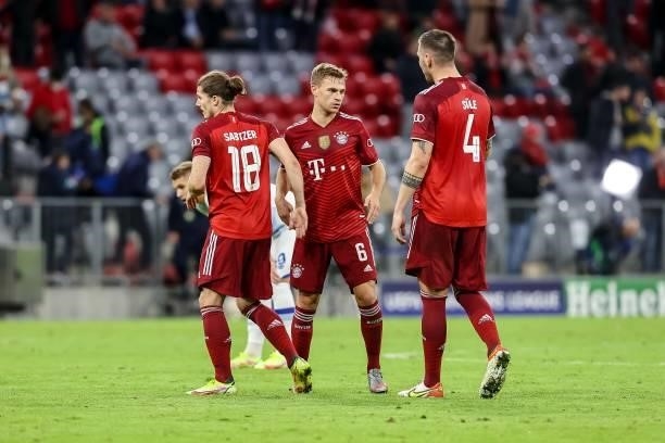 Marcel Sabitzer of Bayern Muenchen and Joshua Kimmich of Bayern Muenchen look on after the UEFA Champions League group E match between FC Bayern...