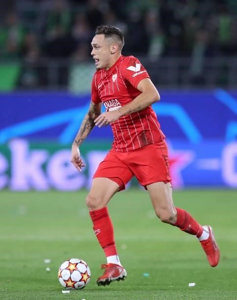 Sevilla's Argentinian midfielder Lucas Ocampos plays the ball during the UEFA Champions League Group G football match between VfL Wolfsburg and...