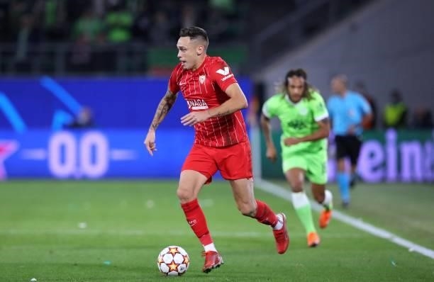 Sevilla's Argentinian midfielder Lucas Ocampos plays the ball during the UEFA Champions League Group G football match between VfL Wolfsburg and...