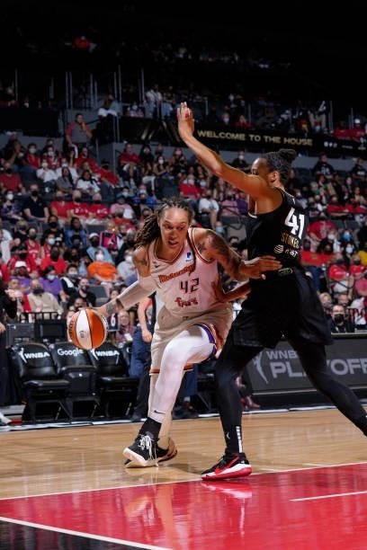 Brittney Griner of the Phoenix Mercury drives to the basket against the Las Vegas Aces during Game Two of the 2021 WNBA Semifinals on September 30,...