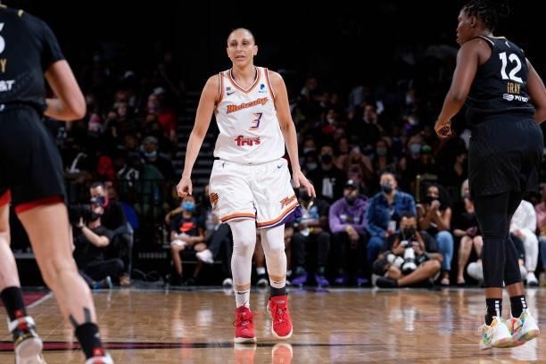 Diana Taurasi of the Phoenix Mercury looks on during the game against the Las Vegas Aces during Game Two of the 2021 WNBA Semifinals on September 30,...
