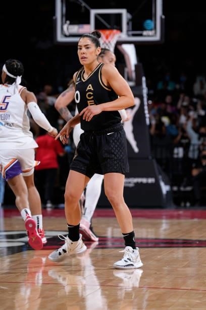 Kelsey Plum of the Las Vegas Aces looks on during the game against the Phoenix Mercury during Game Two of the 2021 WNBA Semifinals on September 30,...
