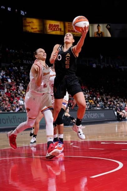 Kelsey Plum of the Las Vegas Aces drives to the basket against the Phoenix Mercury during Game Two of the 2021 WNBA Semifinals on September 30, 2021...