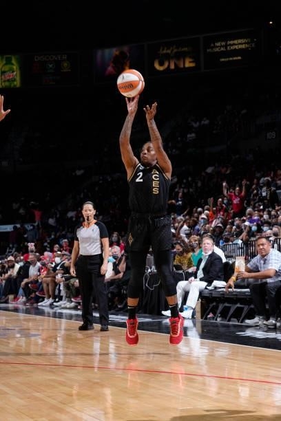 Riquna Williams of the Las Vegas Aces shoots a three point basket against the Phoenix Mercury during Game Two of the 2021 WNBA Semifinals on...