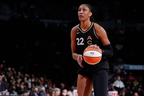 Ja Wilson of the Las Vegas Aces shoots a free throw against the Phoenix Mercury during Game Two of the 2021 WNBA Semifinals on September 30, 2021 at...