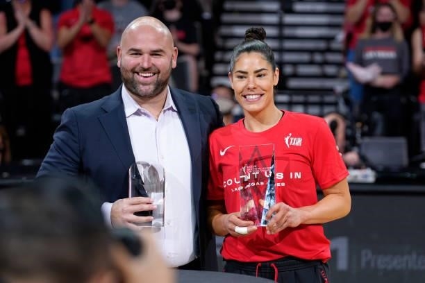 Las Vegas Aces General Manager of Basketball Operations, Dan Padover and Kelsey Plum of the Las Vegas Aces pose for a photo before the game against...