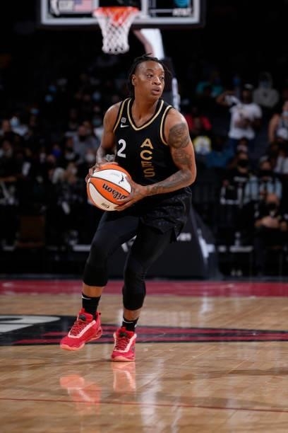Riquna Williams of the Las Vegas Aces handles the ball during the game against the Phoenix Mercury during Game Two of the 2021 WNBA Semifinals on...