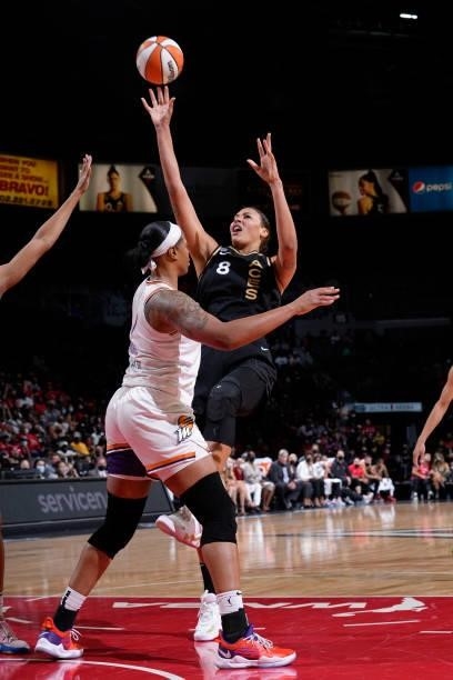 Liz Cambage of the Las Vegas Aces shoots the ball against the Phoenix Mercury during Game Two of the 2021 WNBA Semifinals on September 30, 2021 at...