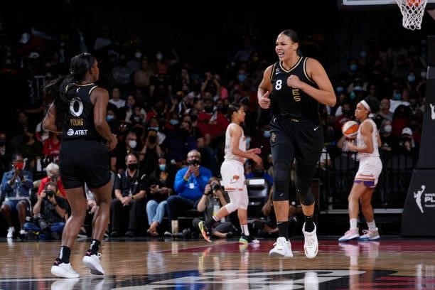Liz Cambage of the Las Vegas Aces celebrates during the game against the Phoenix Mercury during Game Two of the 2021 WNBA Semifinals on September 30,...