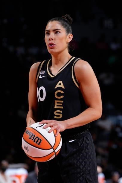Kelsey Plum of the Las Vegas Aces shoots a free throw against the Phoenix Mercury during Game Two of the 2021 WNBA Semifinals on September 30, 2021...