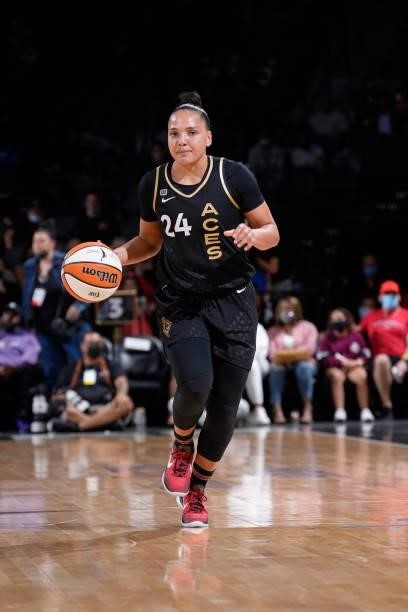 Destiny Slocum of the Las Vegas Aces handles the ball during the game against the Phoenix Mercury during Game Two of the 2021 WNBA Semifinals on...