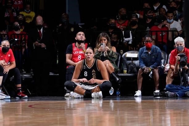 Liz Cambage of the Las Vegas Aces looks on during the game against the Phoenix Mercury during Game Two of the 2021 WNBA Semifinals on September 30,...